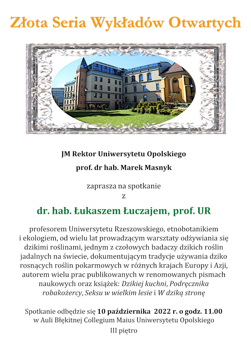 plakat wykład dr. hab. Łukasza Łuczaja w ramach Złotej Serii Wykładów Otwartych